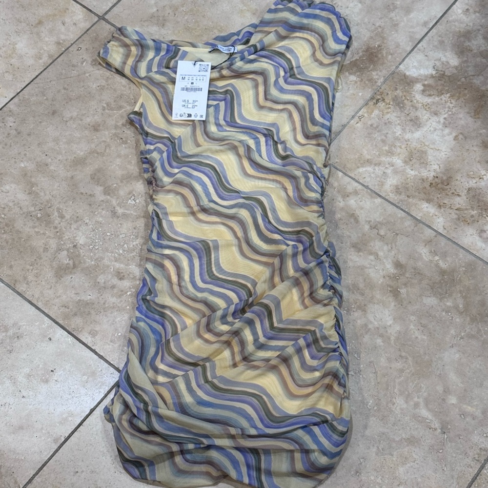 Zara Multicolor Wavy Pattern Rouche dress NWT